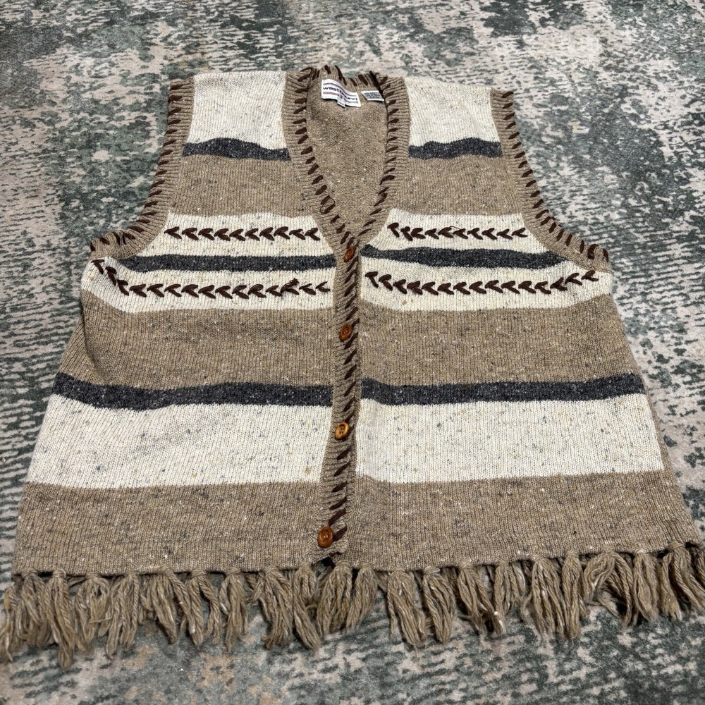 VTG 90s Westbound II Striped Knit Sweater Vest Fringe Boho Cottagecore 2X